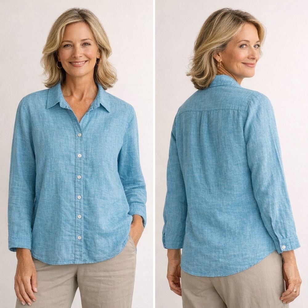 Tulip Clothing Women Button Up Shirt Small Blue Micro Gingham Cotton Resortwear